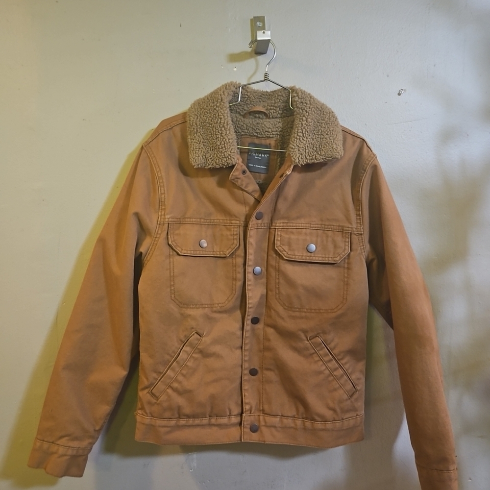 BROWN CANVAS JACKET FLEECE LINED WITH LOTS OF POCKETS